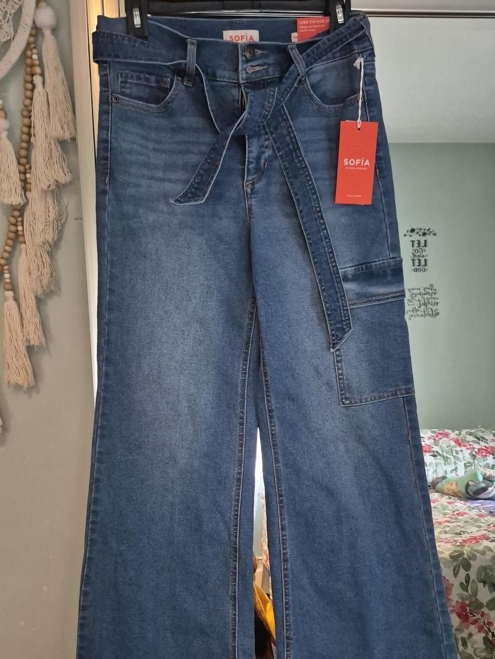 sofia by sofia vergara Dark Blue Wide Leg Denim Jeans with Tie Belt